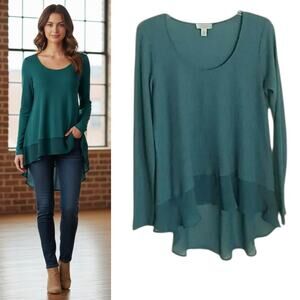 Sun & Shadow Top Women's Sz M Blue Long sleeve Hi Low Knit Chiffon Popover